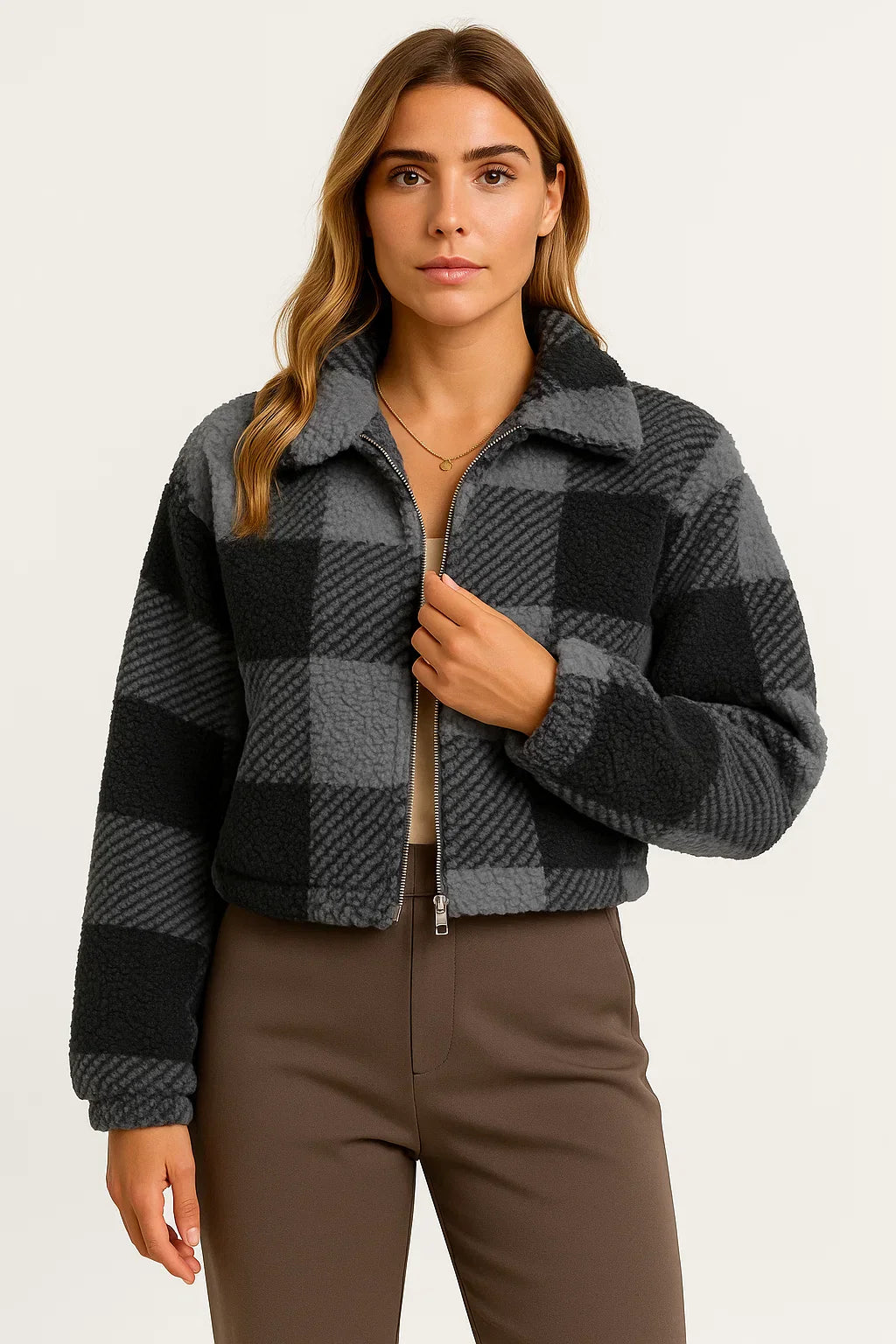 Giacca Teddy a Quadrati | Zip Front | Finitura Morbida in Fleece
