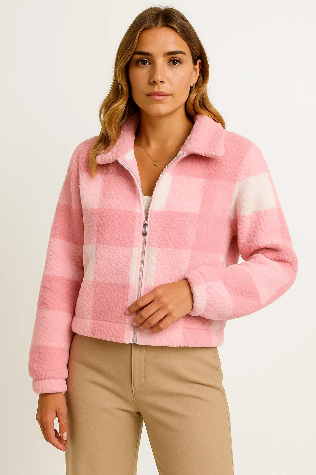 Giacca Teddy a Quadrati | Zip Front | Finitura Morbida in Fleece
