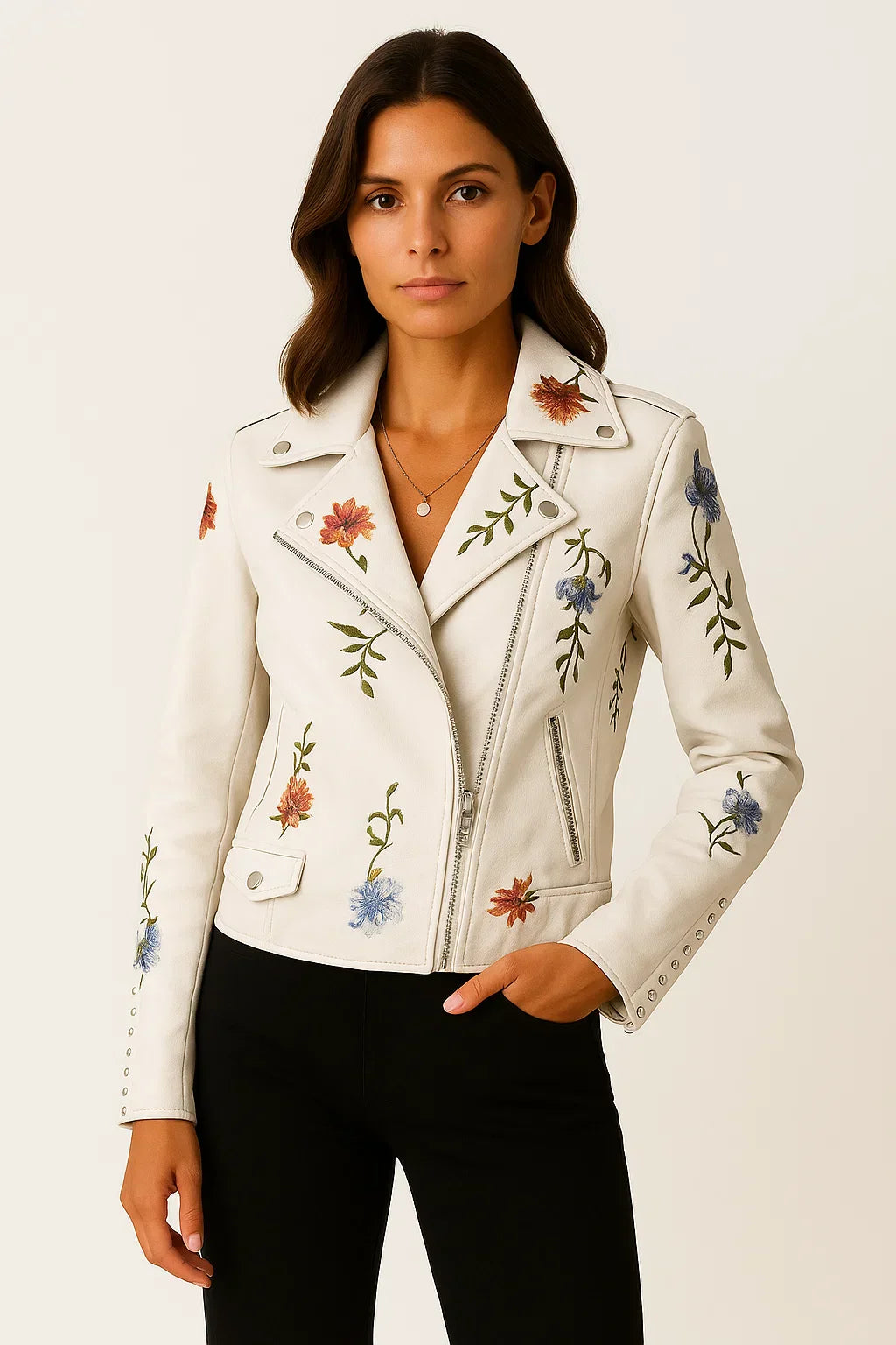 Giacca Biker in Pelle Ecologica Ricamata | Chiusura Zip | Fit Slim