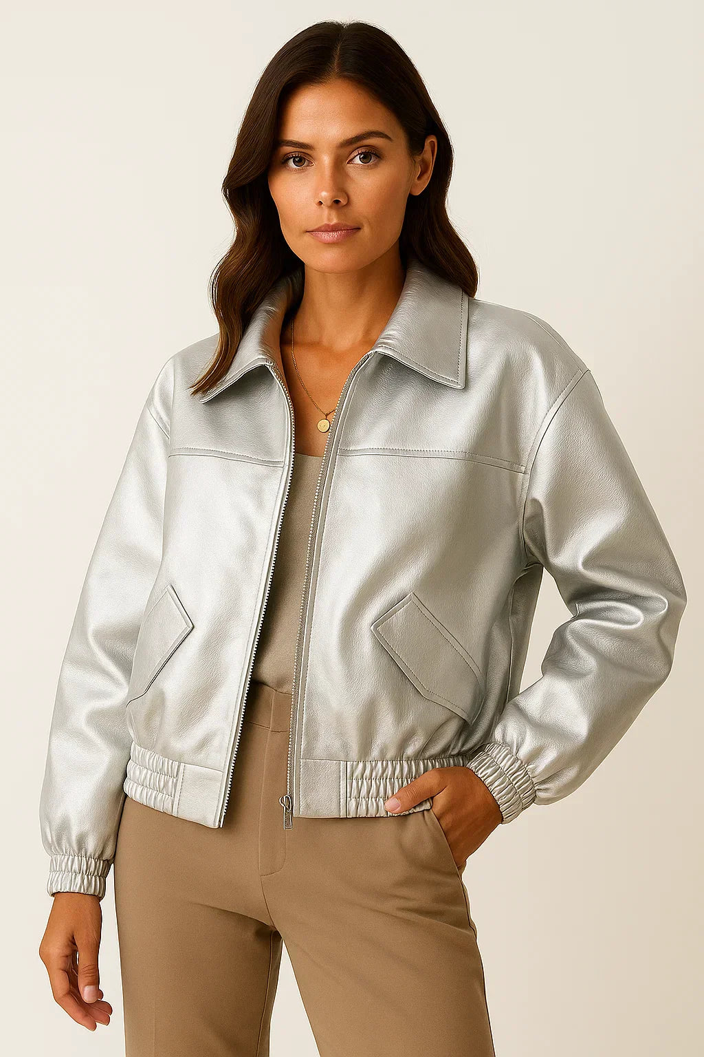 Giacca in Pelle Sintetica con Zip | Fit Comodo Corta