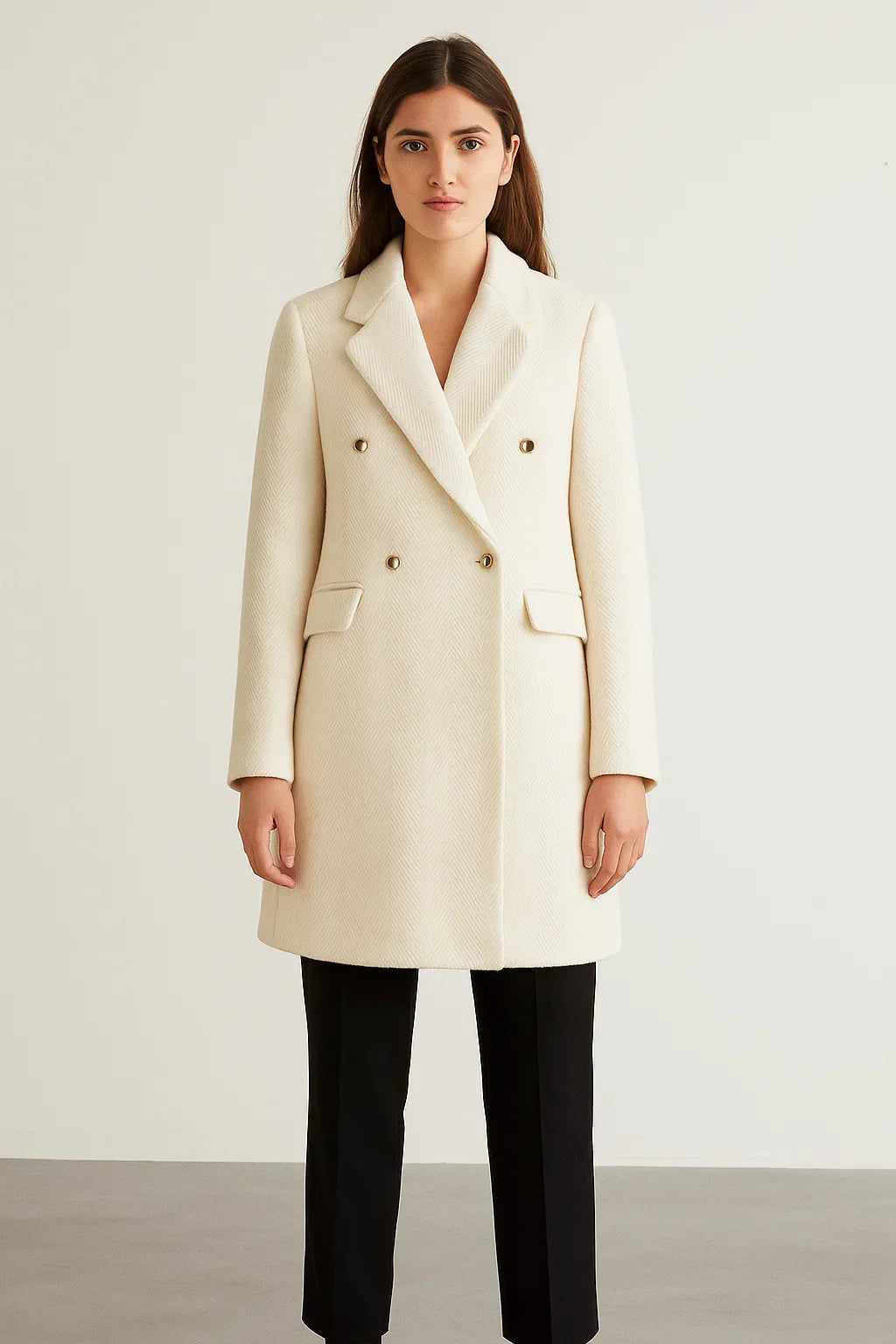 Cappotto Lungo Misto Lana | Tessuto Chevron | Doppio Petto Bottoni Oro