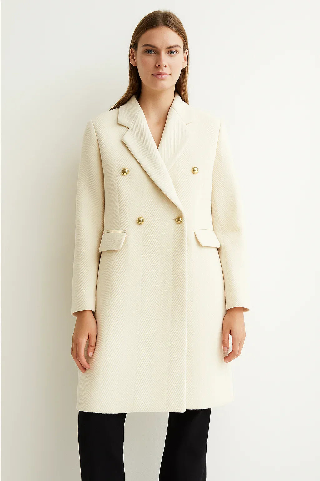 Cappotto Lungo Misto Lana | Tessuto Chevron | Doppio Petto Bottoni Oro