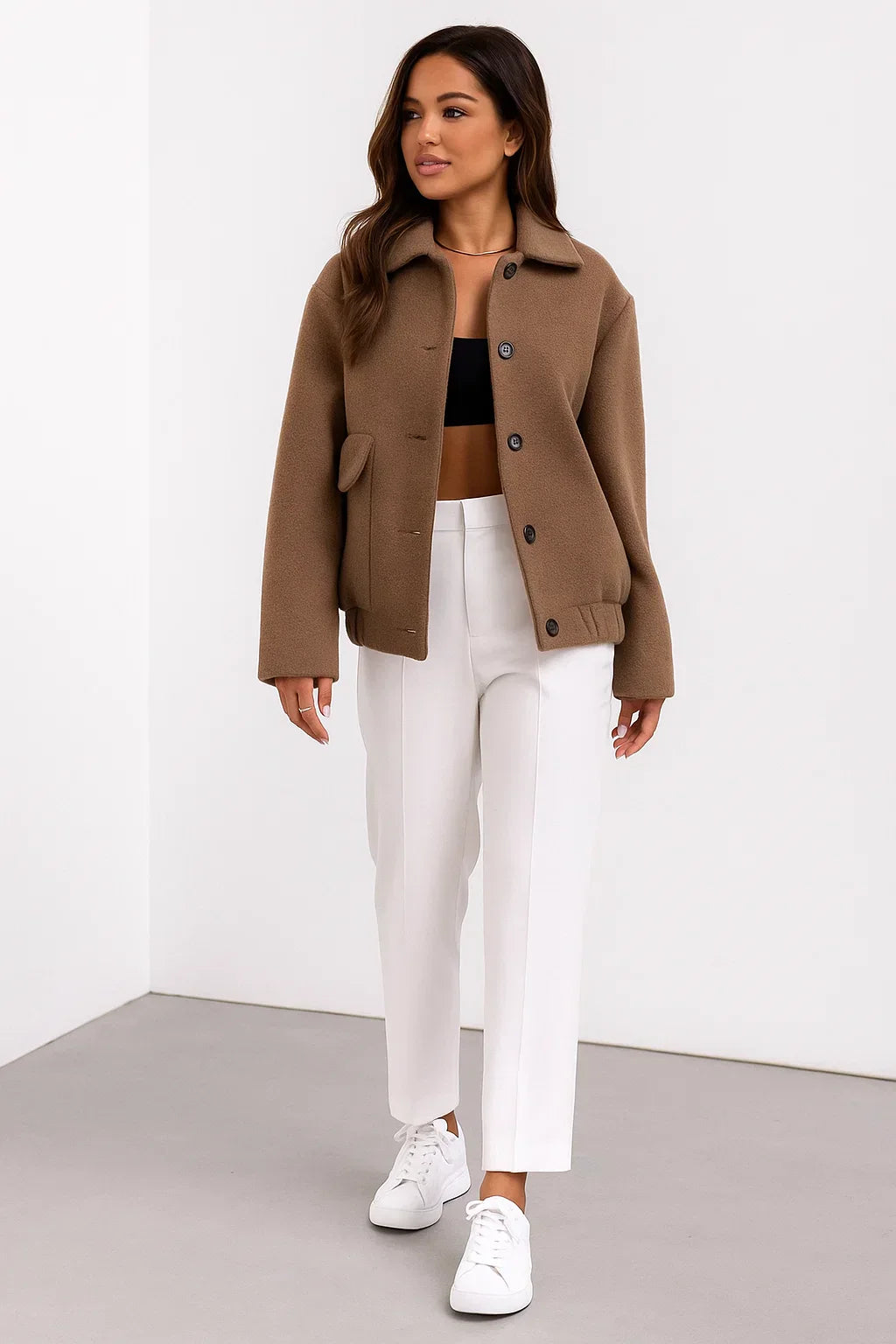 Giacca Cropped in Misto Lana | Orlo Elastico | Abbottonatura Singola