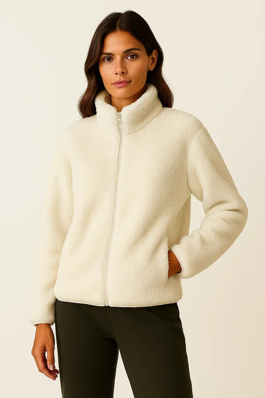 Giacca fleece zip beige con colletto alto