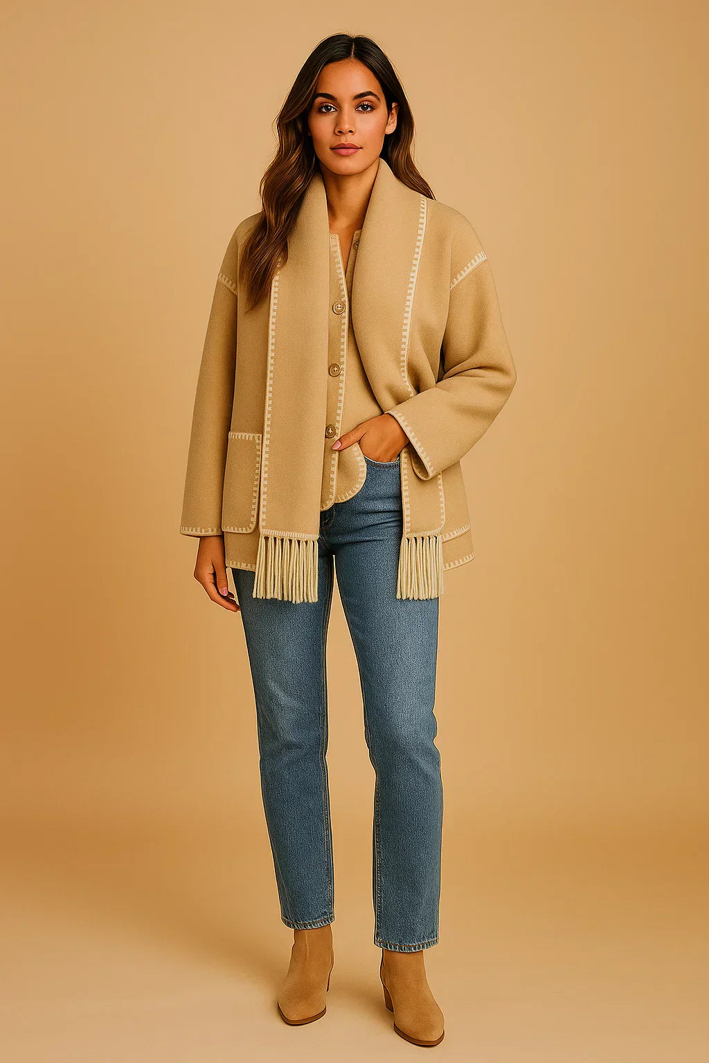 Cappotto Essenza con dettagli frangi in grigio