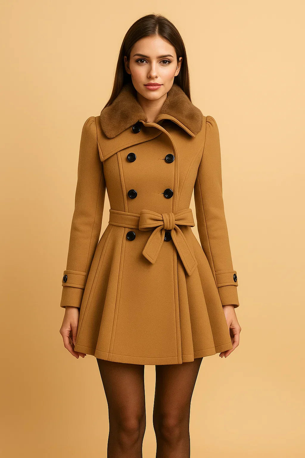 Cappotto A-Linea Beltato Ombra | Collo in Pelliccia Sintetica