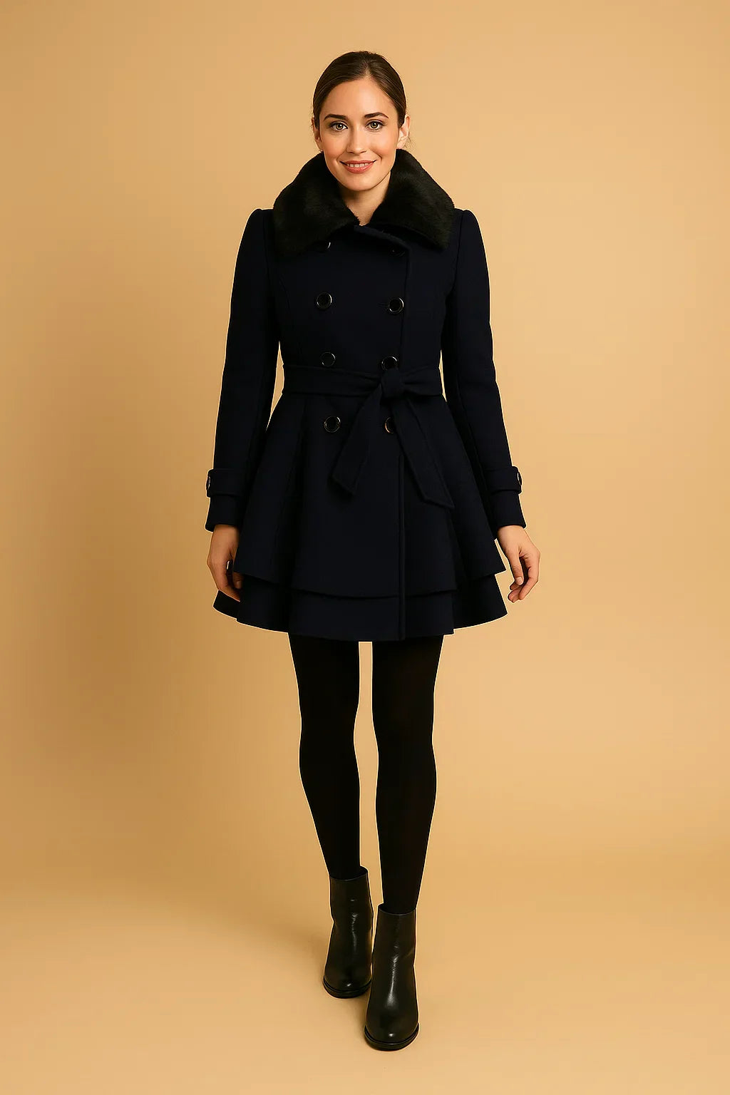 Cappotto A-Linea Beltato Ombra | Collo in Pelliccia Sintetica