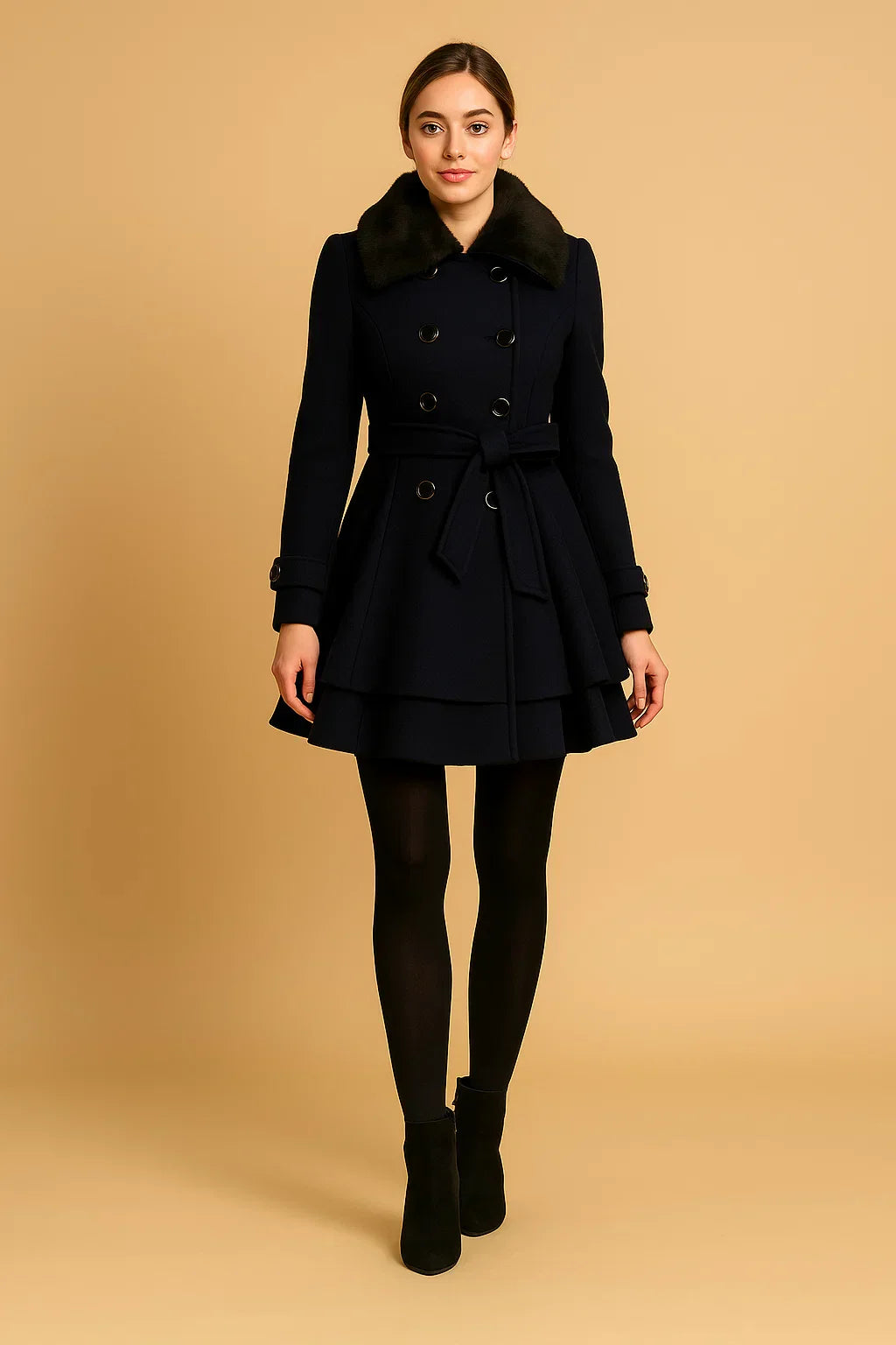 Cappotto A-Linea Beltato Ombra | Collo in Pelliccia Sintetica