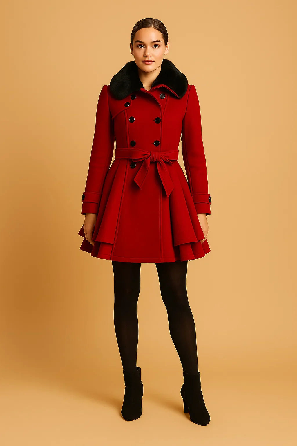 Cappotto A-Linea Beltato Ombra | Collo in Pelliccia Sintetica
