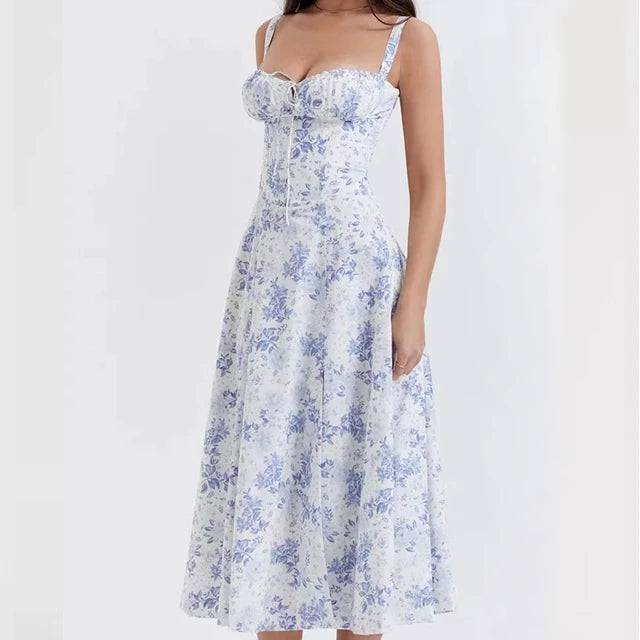 Abito Midi Floreale Corsetto | Scollo a Cuore, Gonna con Spacco, Spaghetti