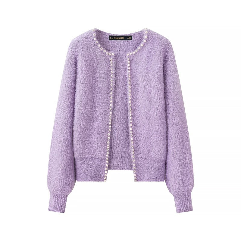 Cardigan Effetto Mink | Dettagli in Perle | Aperto