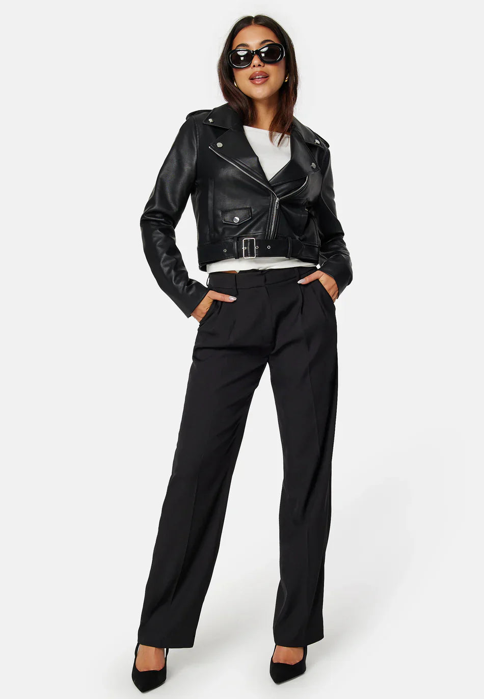 Giacca Biker Cropped in Pelle Ecologica | Design con Cintura