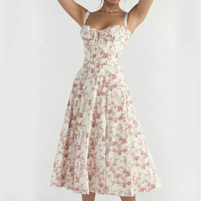 Abito Midi Floreale Corsetto | Scollo a Cuore, Gonna con Spacco, Spaghetti