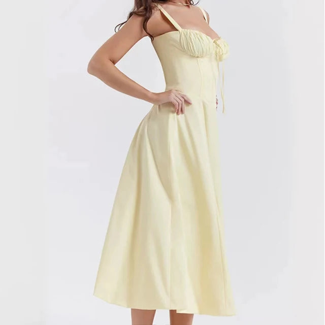 Abito Midi Floreale Corsetto | Scollo a Cuore, Gonna con Spacco, Spaghetti