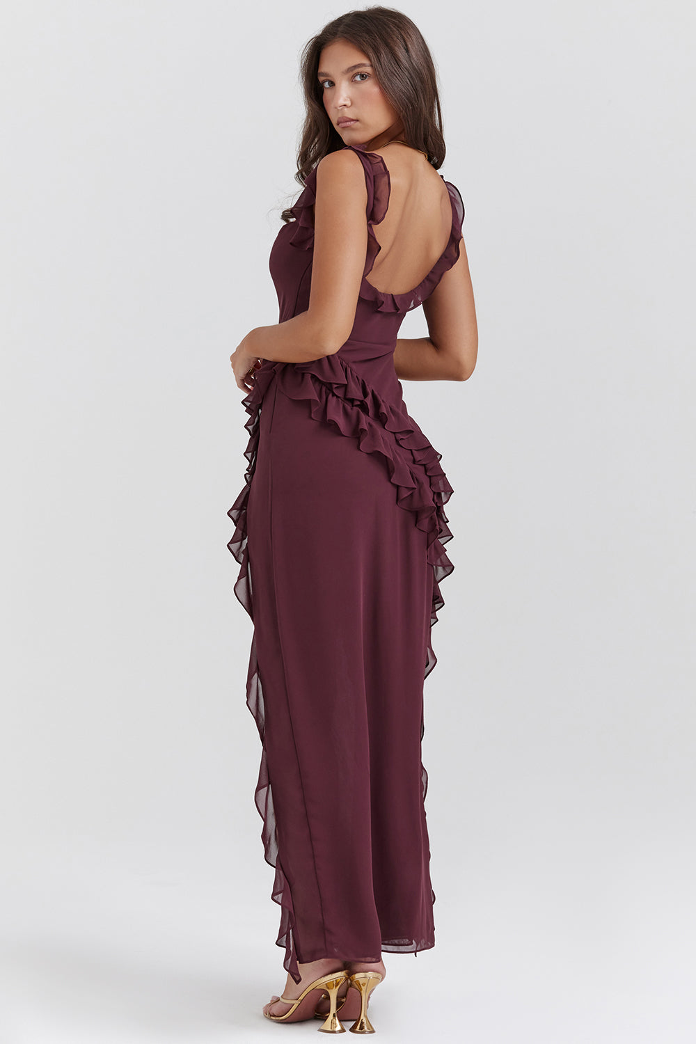 Abito Ruffle Split Maxi | Scollo Quadrato, Senza Maniche, Orlo Drappeggiato