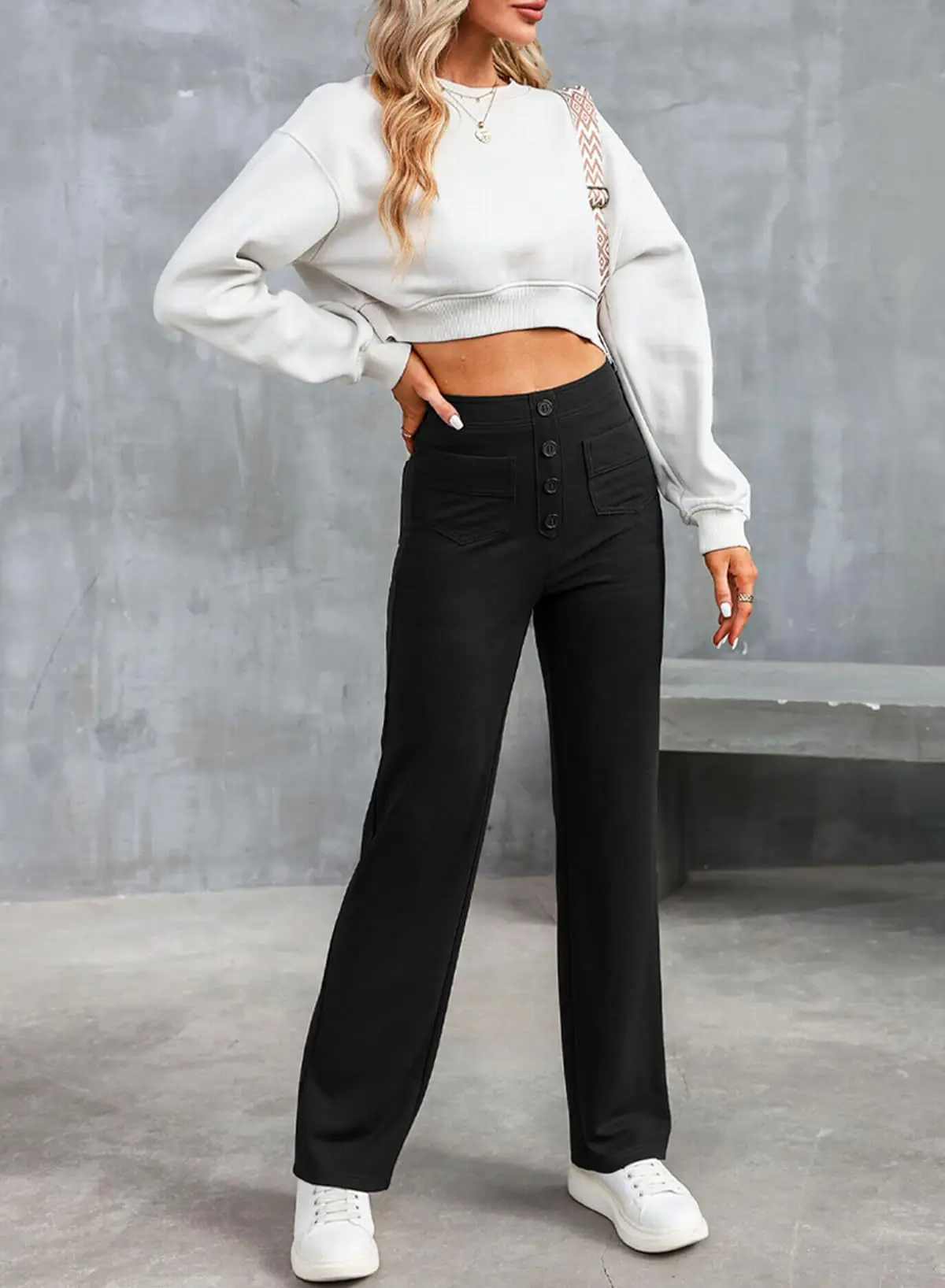 Pantaloni Alta Vita Largo con Dettaglio Tasche