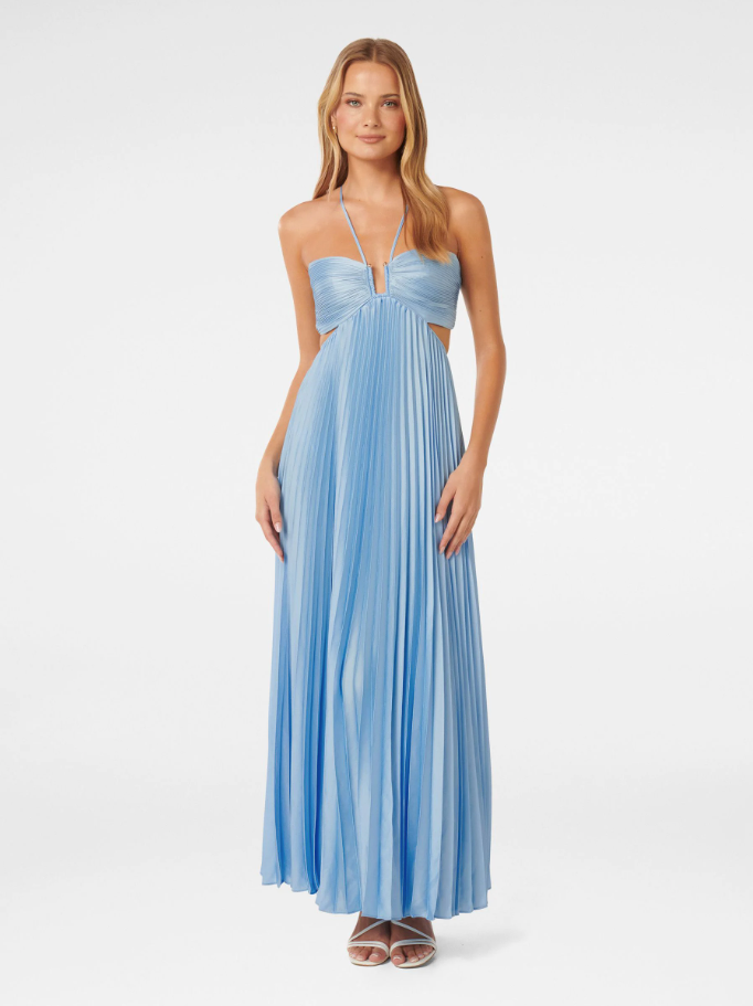 Abito maxi plissettato blu con bustier halterneck