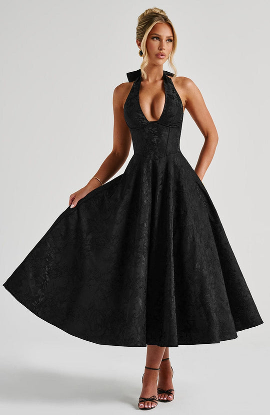 Abito Midi Satinato | Collo alla Halters, Silhouette A-Line
