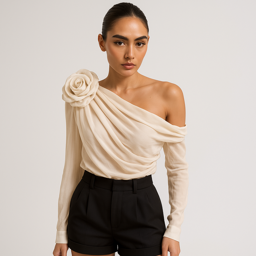 Blusa Asimmetrica Drappeggiata | Dettaglio 3D Fiori