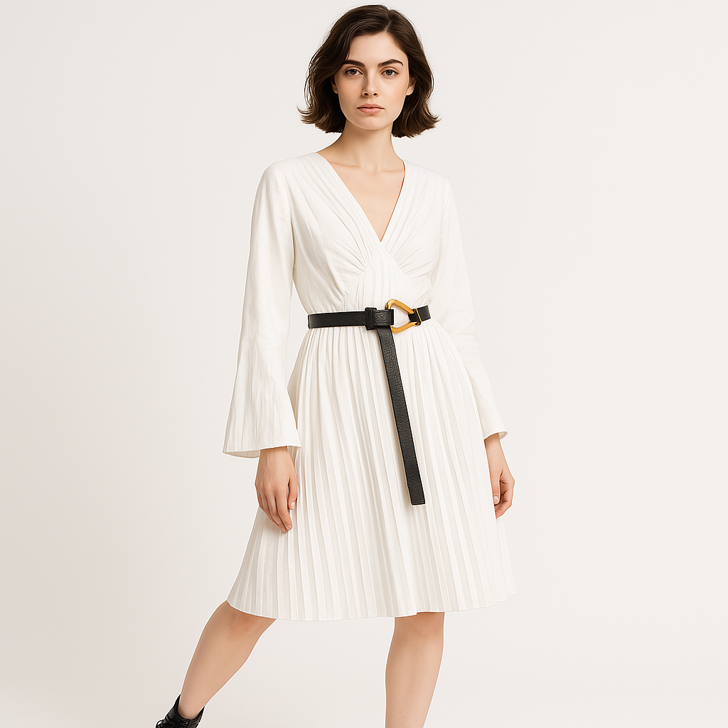 Abito Lina Plissettato | Cintura Contrasto Bianca | Eleganza Moderna