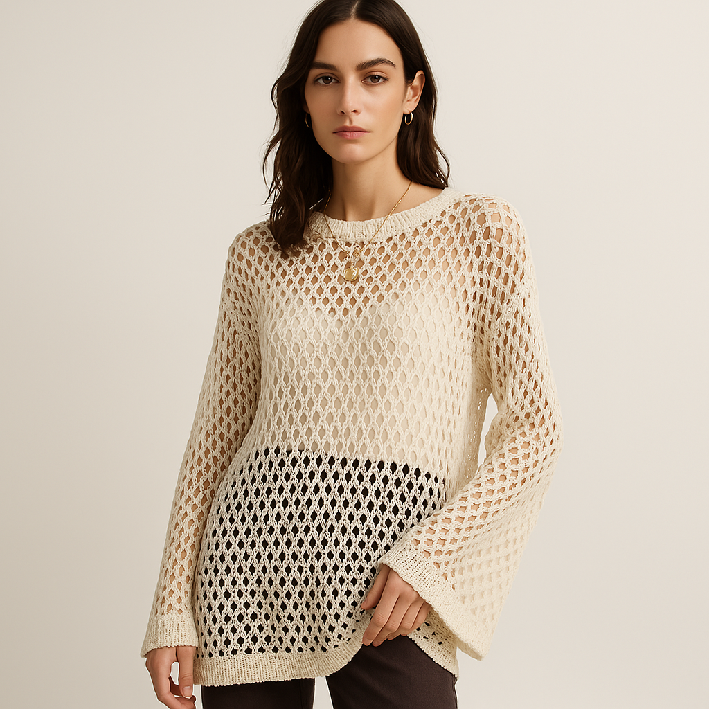 Maglione aperto in maglia crochet beige