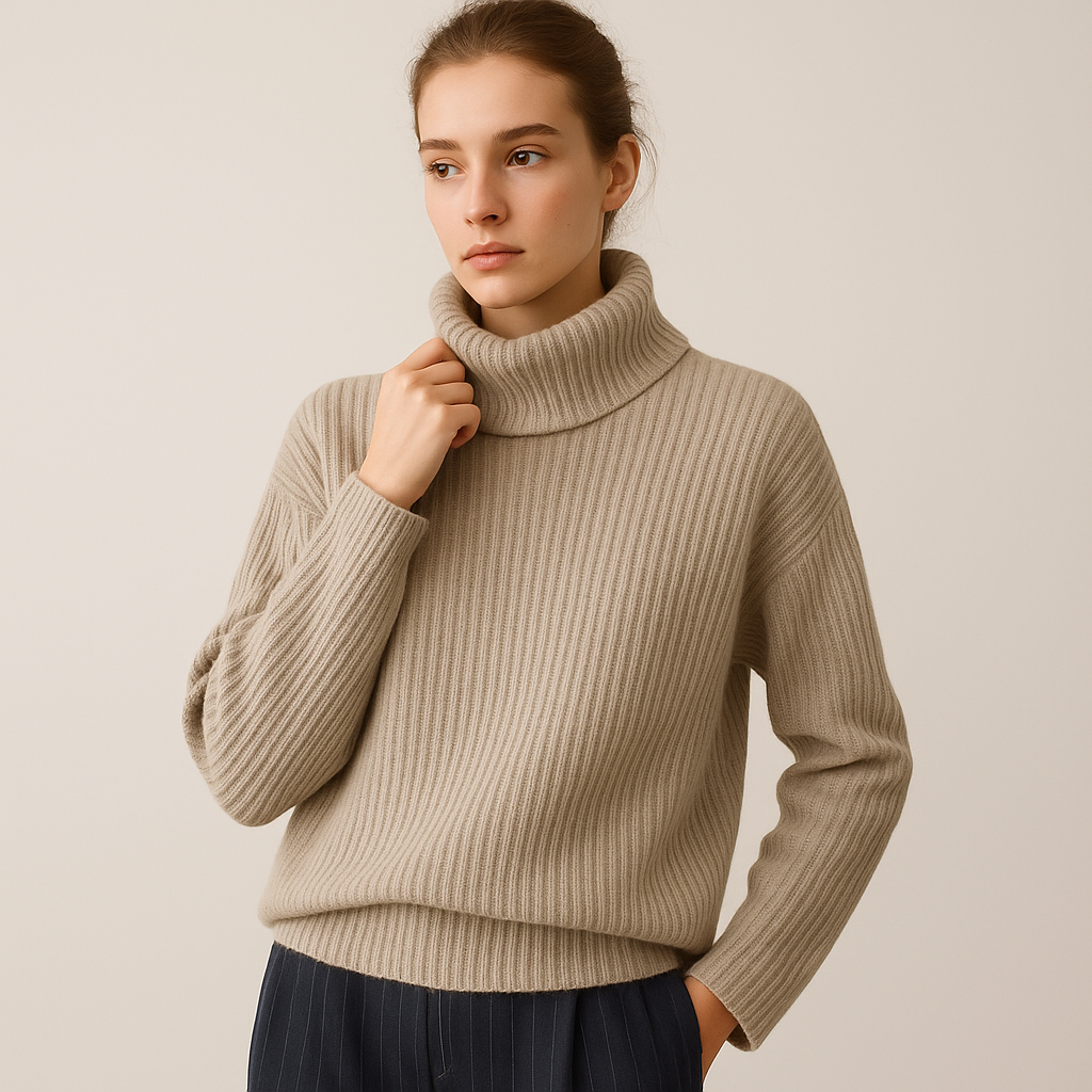 Maglione in Lana a Coste | Collo Alto Asimmetrico | Fit Comodo