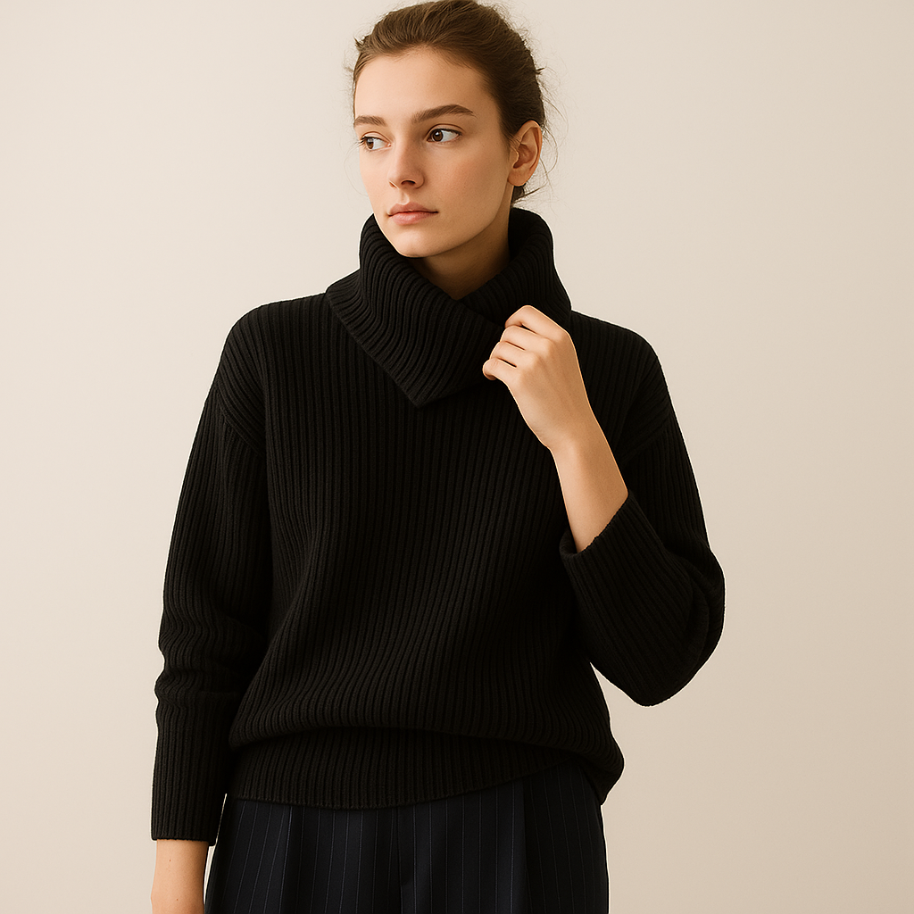 Maglione in Lana a Coste | Collo Alto Asimmetrico | Fit Comodo
