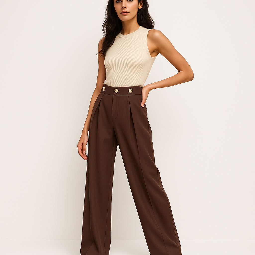 Pantaloni Alti a Gamba Larga | Dettaglio Bottone Oro | Silhouette Moderna Tailored