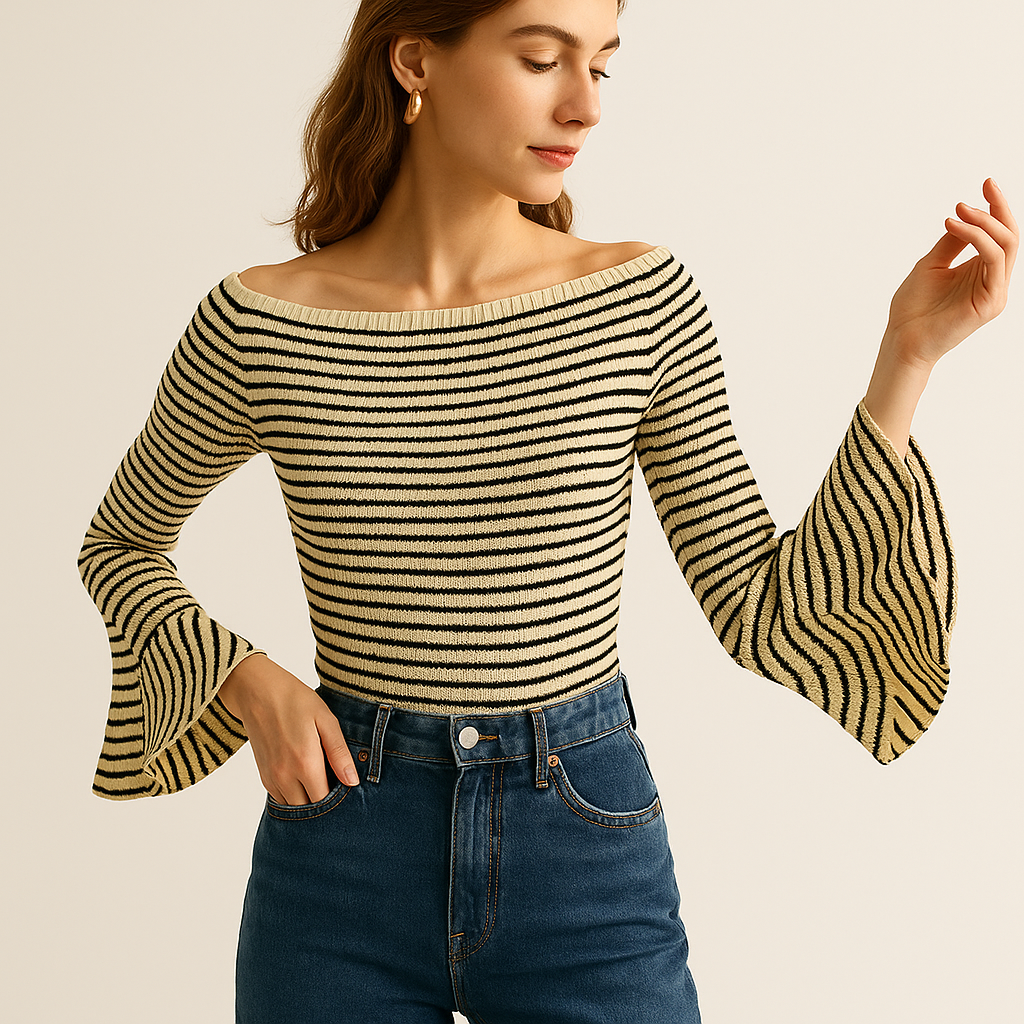 Top a Righe in Maglia Rib-Knit | Senza Spalle | Maniche Svasate