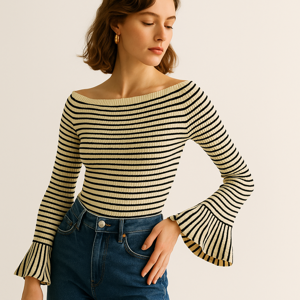 Top a Righe in Maglia Rib-Knit | Senza Spalle | Maniche Svasate