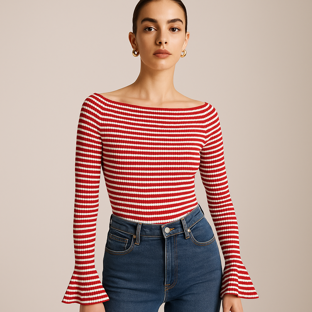 Top a Righe in Maglia Rib-Knit | Senza Spalle | Maniche Svasate