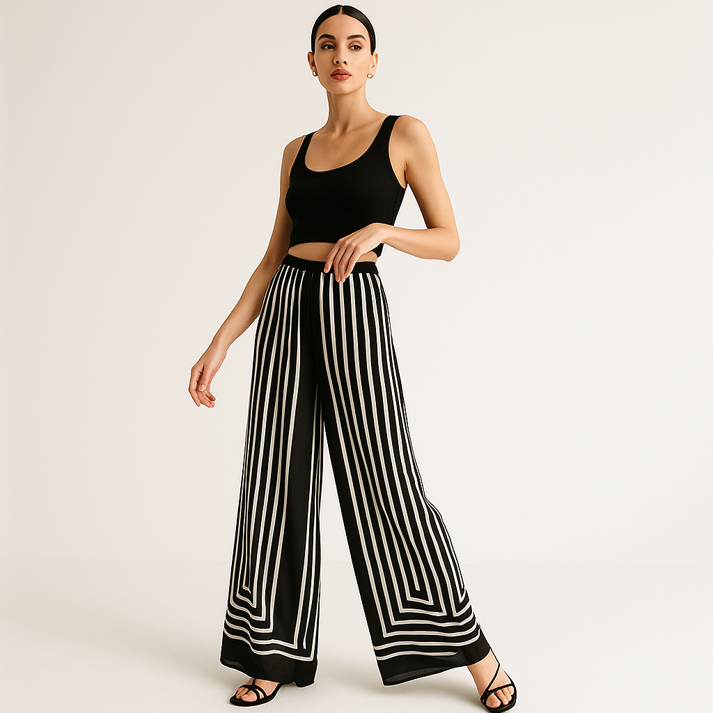 Pantaloni Largo in Seta | Strisce Geometriche | Look Moderno