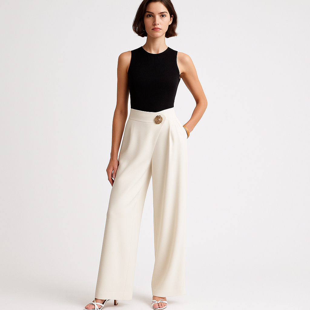 Pantaloni Alti in Vita | Dettaglio Bottone Oro | Silhouette Fluida e Raffinata
