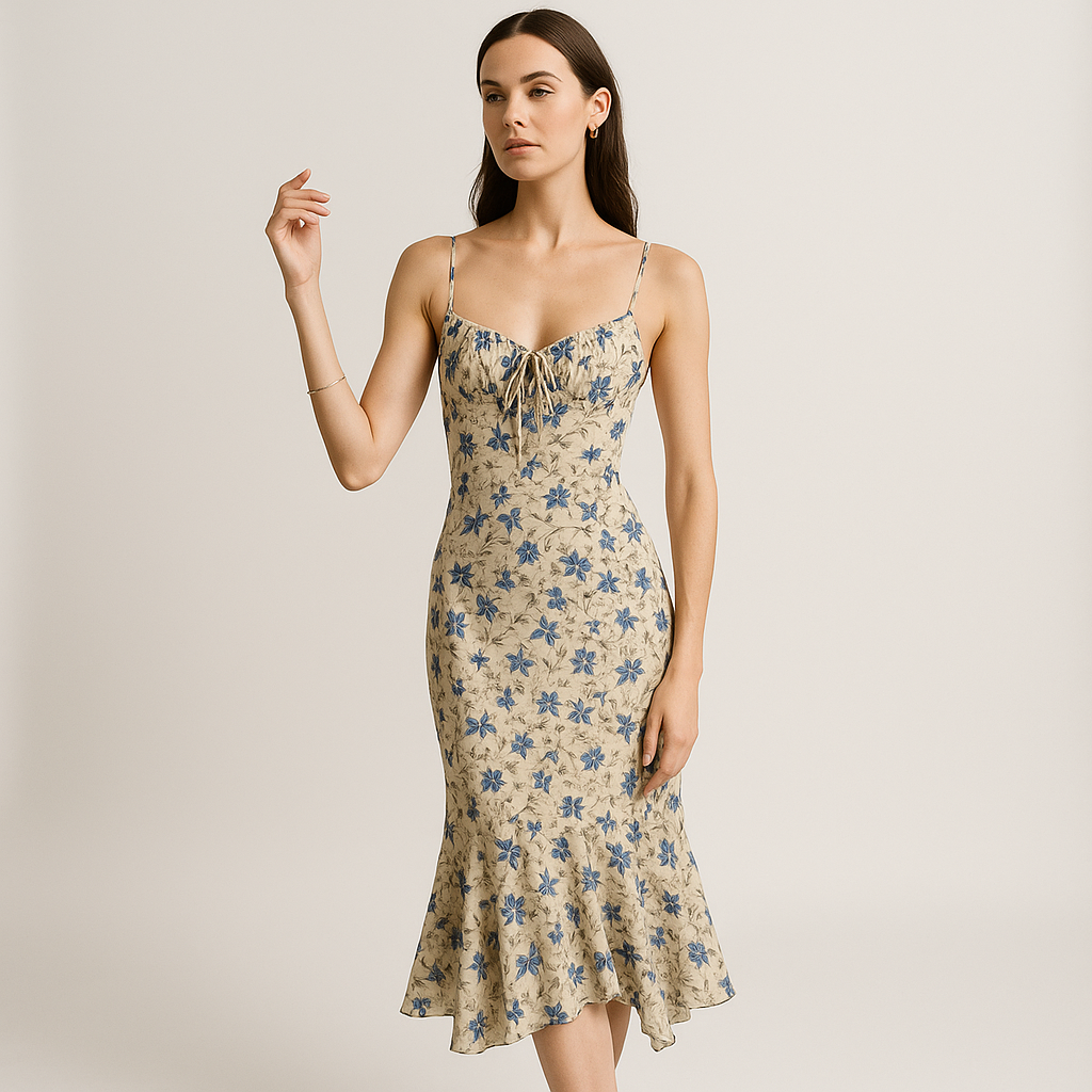 Abito Midi Floreale | Stampa Blu Petali | Silhouette Romantica Francese