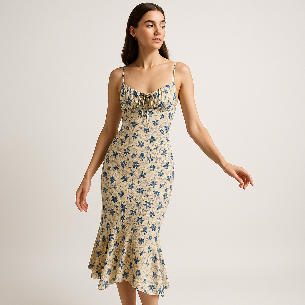 Abito Midi Floreale | Stampa Blu Petali | Silhouette Romantica Francese
