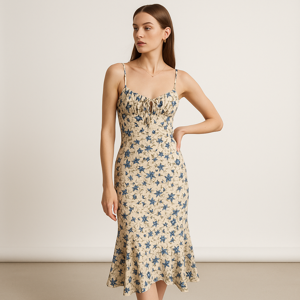 Abito Midi Floreale | Stampa Blu Petali | Silhouette Romantica Francese