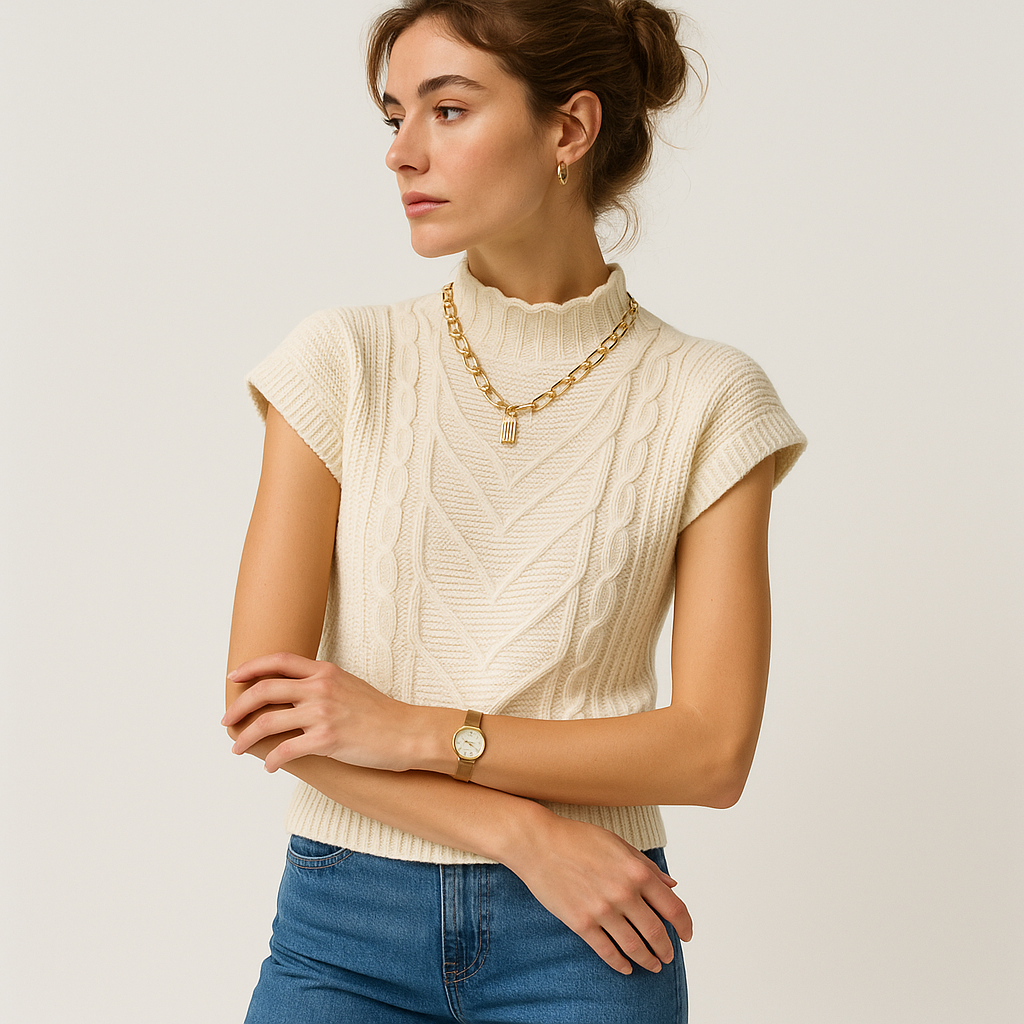 Maglione Senza Maniche in Maglia a Cavo | Collo Alto
