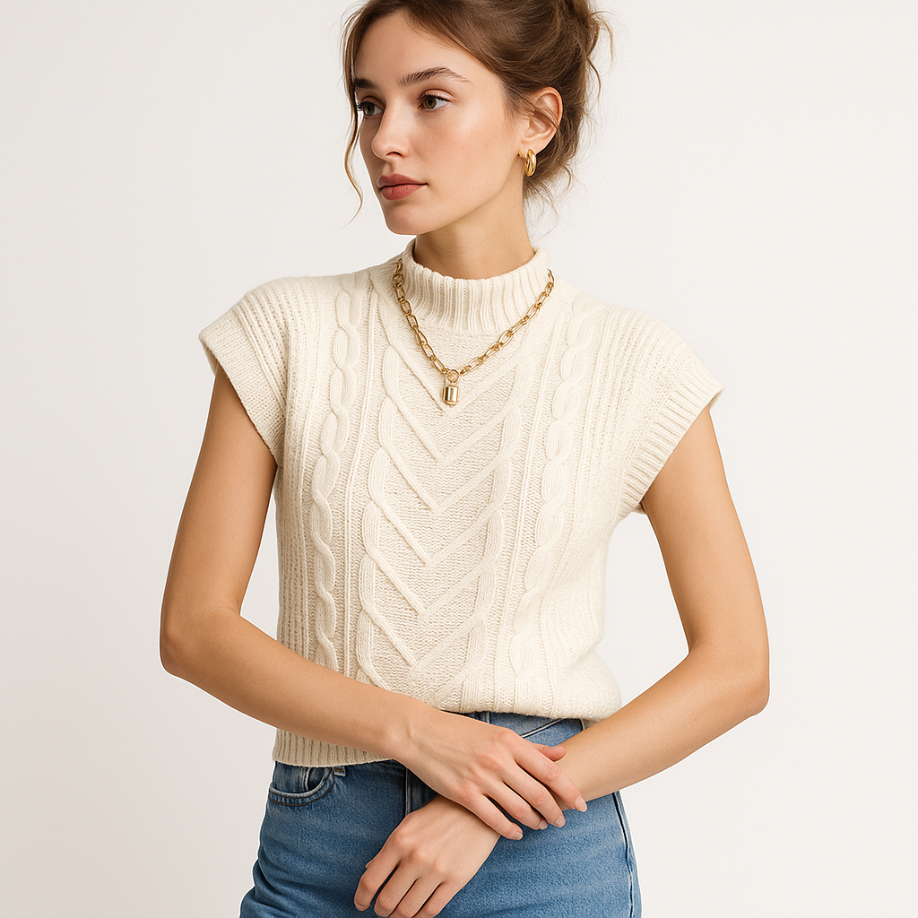 Maglione Senza Maniche in Maglia a Cavo | Collo Alto