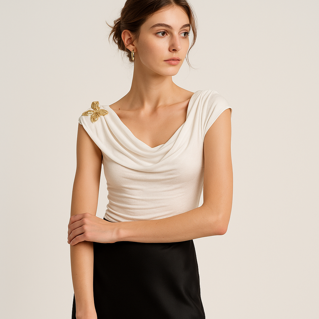Top Collo Scozzese Drappe | Pin Farfalla Oro | Slim Fit