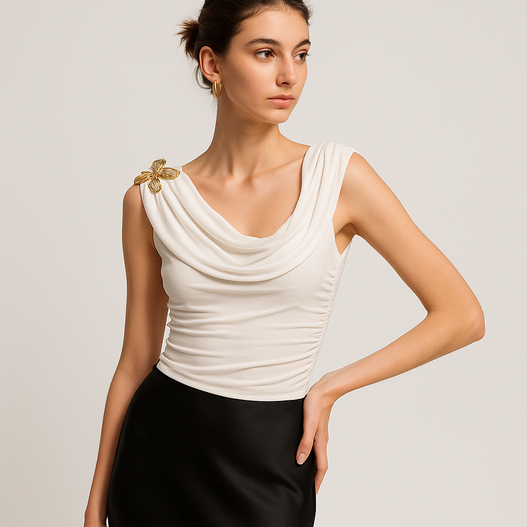 Top Collo Scozzese Drappe | Pin Farfalla Oro | Slim Fit