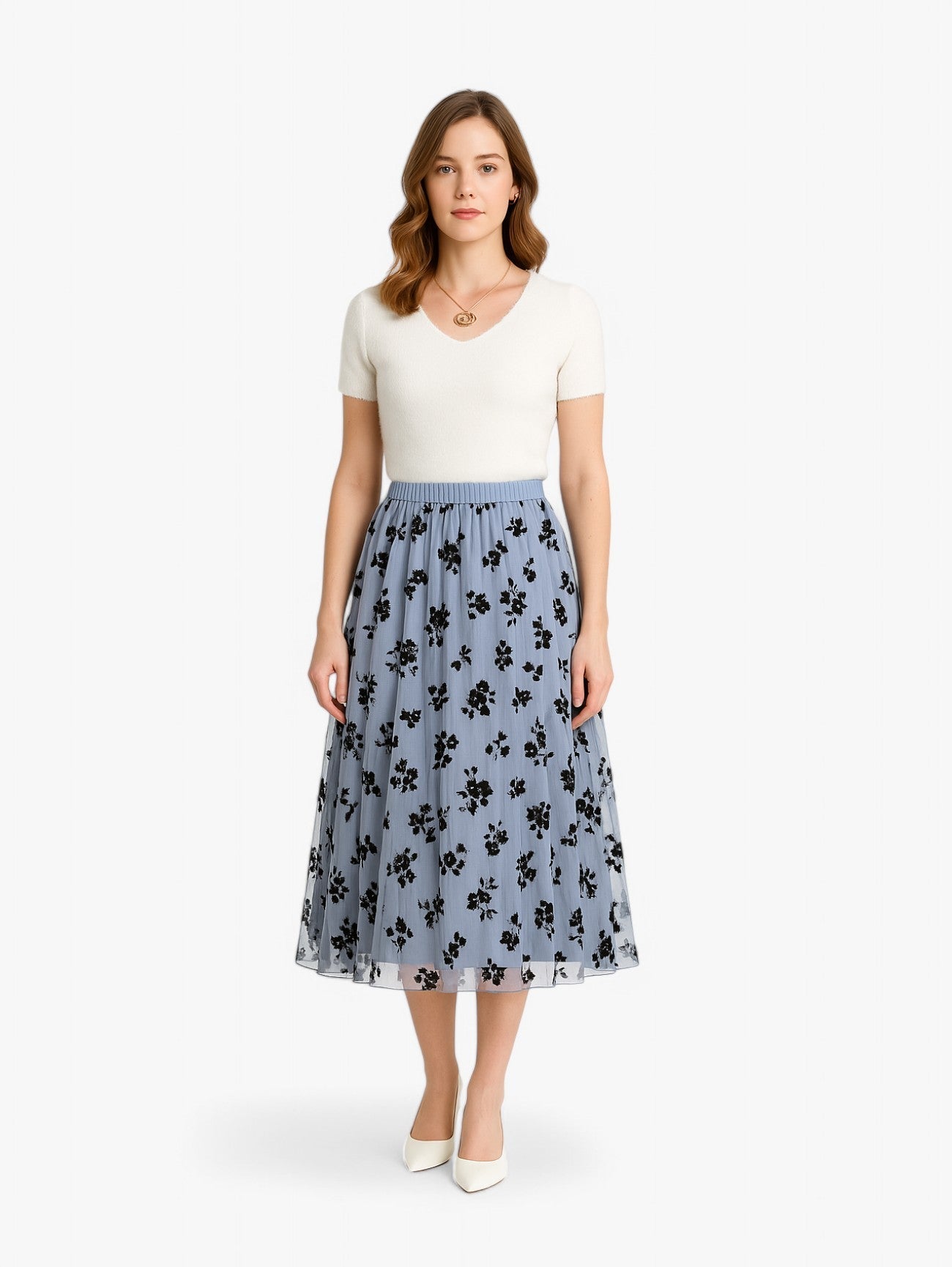 Gonna Midi Plissettata | Overlay in Mesh Floreale | Silhouette A-line