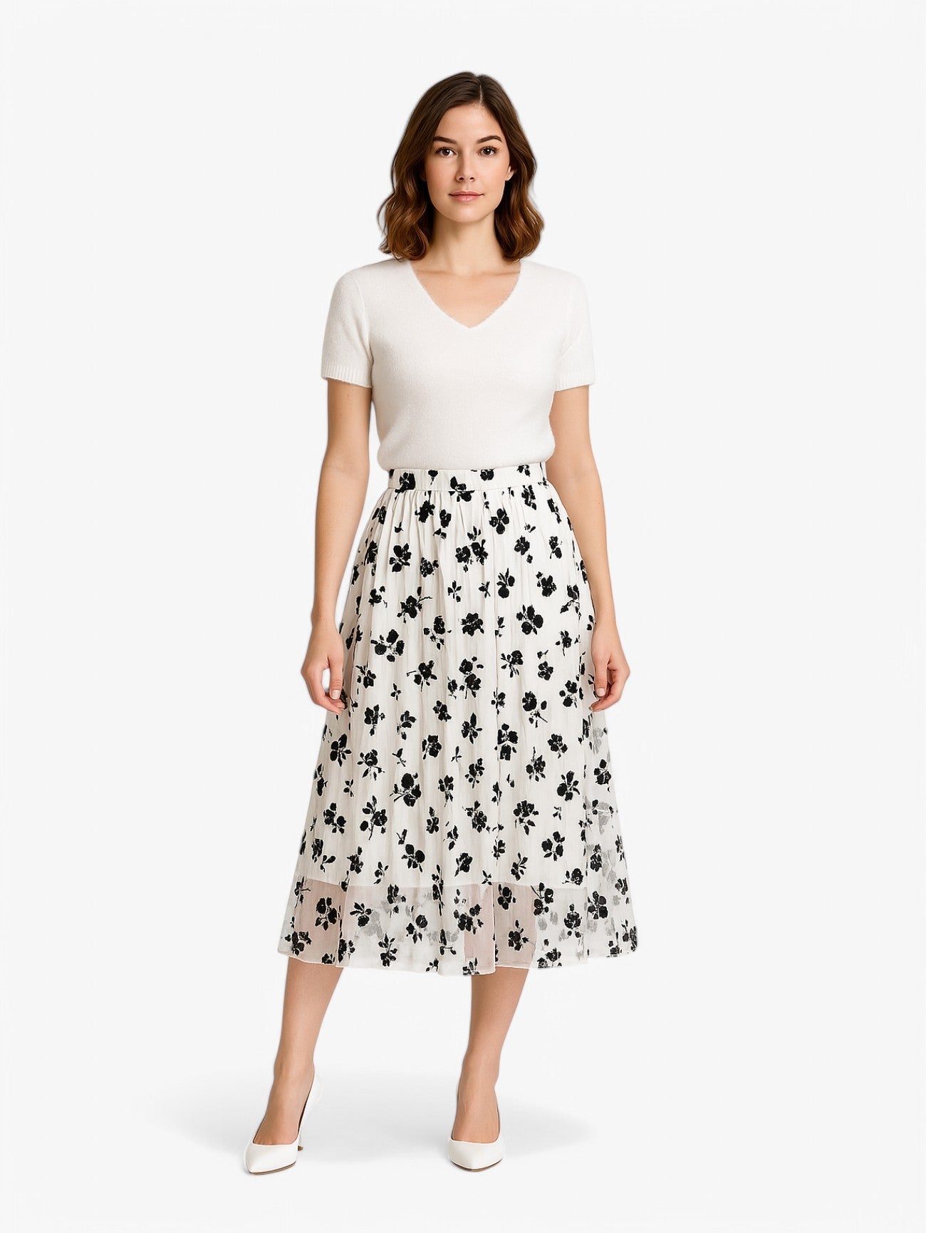 Gonna Midi Plissettata | Overlay in Mesh Floreale | Silhouette A-line