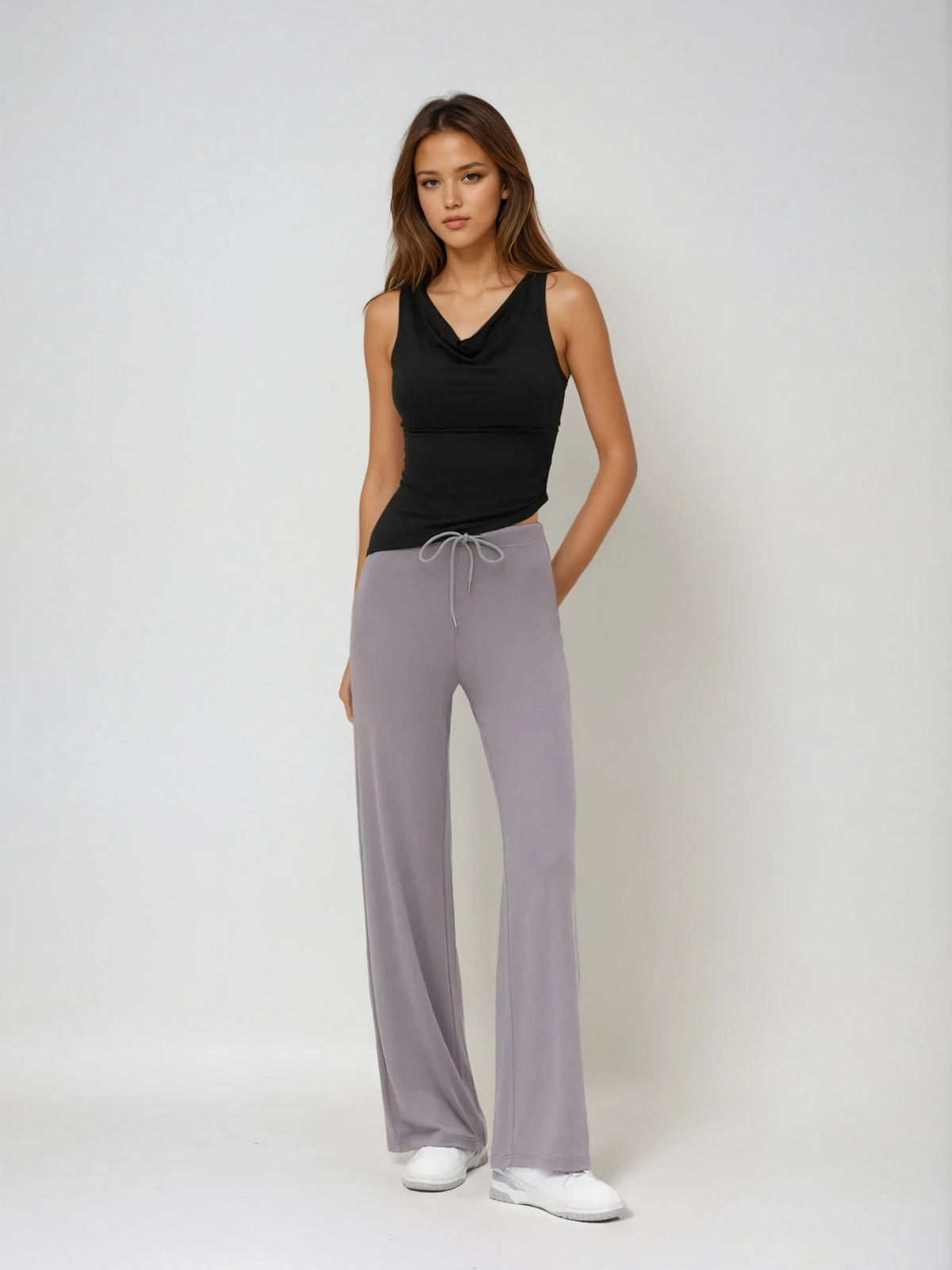 Top senza maniche collo a cowl in maglia leggera