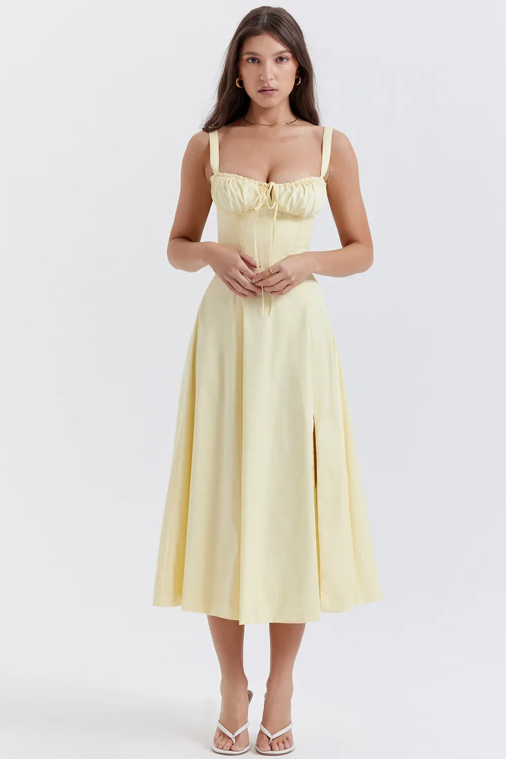 Abito Midi Floreale Corsetto | Scollo a Cuore, Gonna con Spacco, Spaghetti