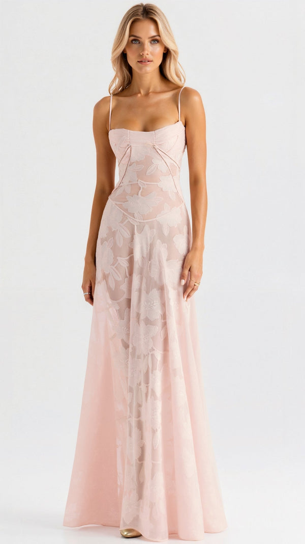 Abito Naya Pizzo Maxi | Sovrapposizione Trasparente | Spaghetti Straps