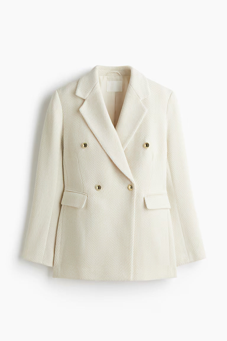 Cappotto Lungo Misto Lana | Tessuto Chevron | Doppio Petto Bottoni Oro