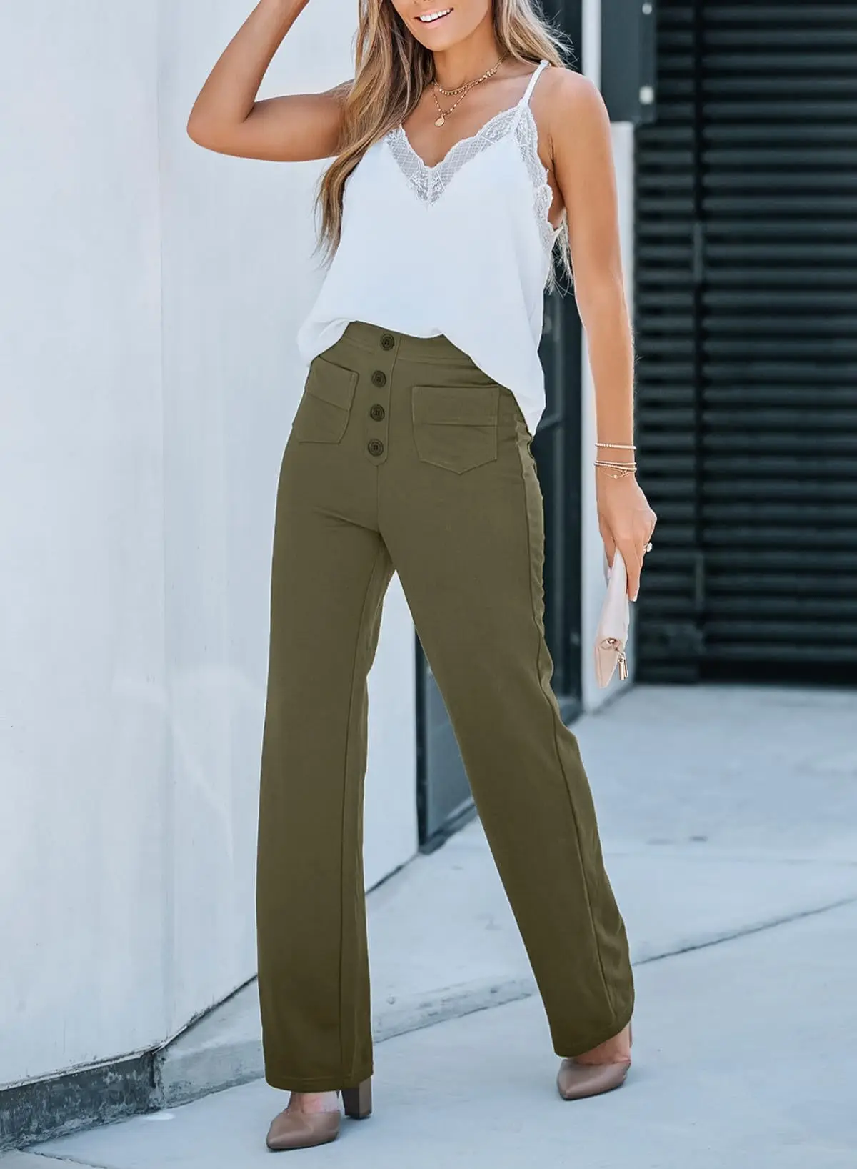 Pantaloni Alta Vita Largo con Dettaglio Tasche