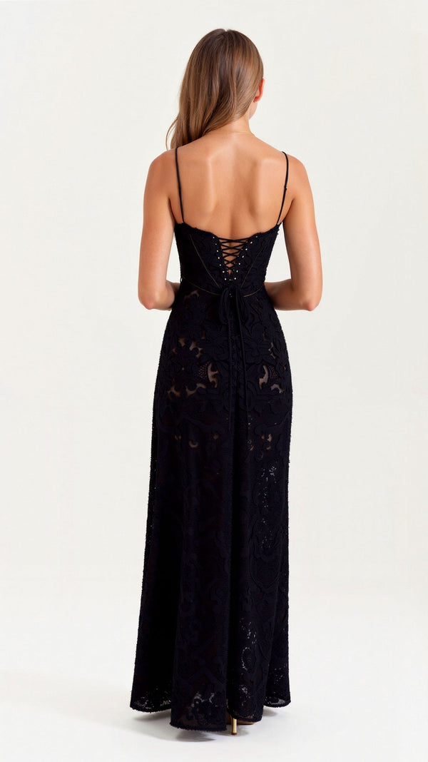 Abito Naya Pizzo Maxi | Sovrapposizione Trasparente | Spaghetti Straps
