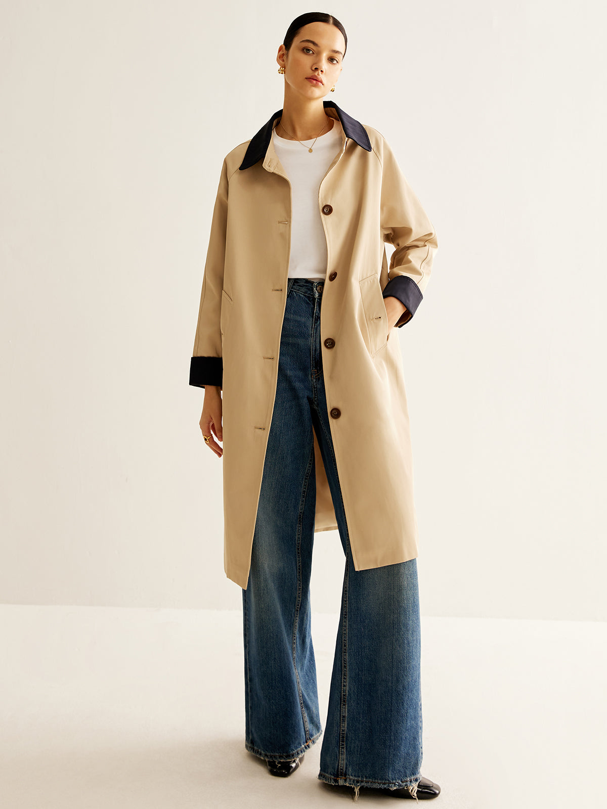 Trench Coat Monopetto | Collo a Contrasto | Lunghezza Media