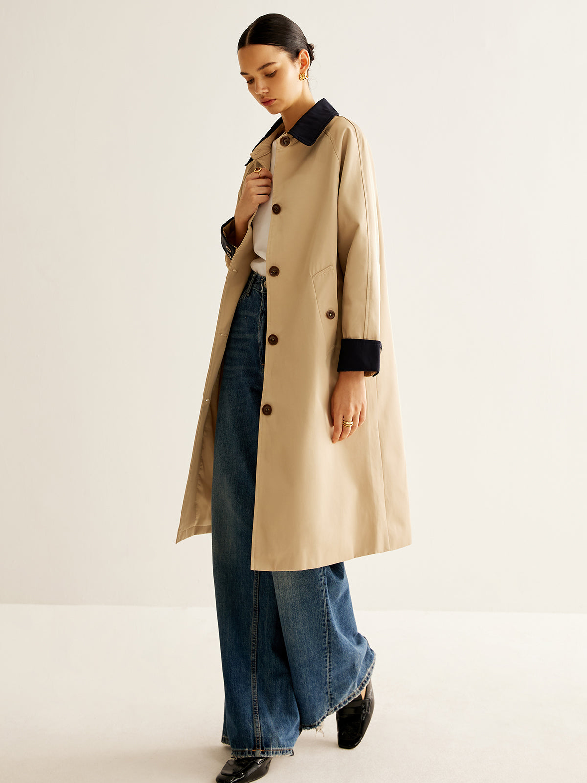 Trench Coat Monopetto | Collo a Contrasto | Lunghezza Media